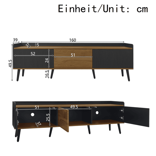 Móvel de TV 160 cm - Design compacto, 3 portas - Preto e Natural Móvel de TV 160 cm - Design compacto, 3 portas - Preto e Natural
