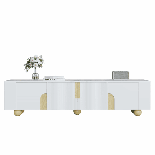 Móvel de TV 180 cm - 4 portas, design elegante, superfície com efeito mármore, pés esféricos de madeira - Branco, Madeira Móvel de TV 180 cm - 4 portas, design elegante, superfície com efeito mármore, pés esféricos de madeira - Branco, Madeira