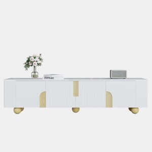 Móvel de TV 180 cm - 4 portas, design elegante, superfície com efeito mármore, pés esféricos de madeira - Branco, Madeira