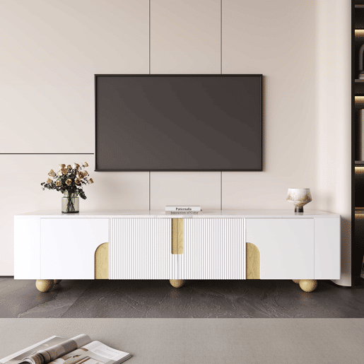 Móvel de TV 180 cm - 4 portas, design elegante, superfície com efeito mármore, pés esféricos de madeira - Branco, Madeira Móvel de TV 180 cm - 4 portas, design elegante, superfície com efeito mármore, pés esféricos de madeira - Branco, Madeira