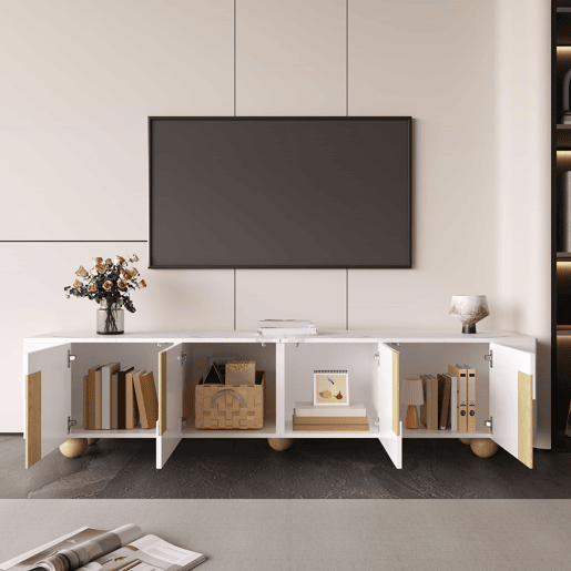 Móvel de TV 180 cm - 4 portas, design elegante, superfície com efeito mármore, pés esféricos de madeira - Branco, Madeira Móvel de TV 180 cm - 4 portas, design elegante, superfície com efeito mármore, pés esféricos de madeira - Branco, Madeira