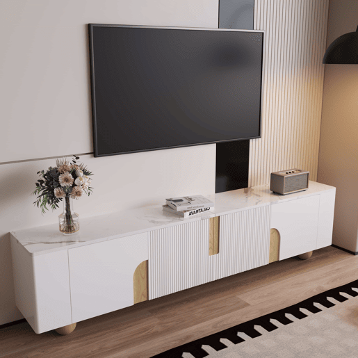 Móvel de TV 180 cm - 4 portas, design elegante, superfície com efeito mármore, pés esféricos de madeira - Branco, Madeira Móvel de TV 180 cm - 4 portas, design elegante, superfície com efeito mármore, pés esféricos de madeira - Branco, Madeira
