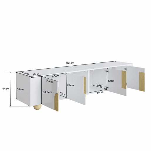 Móvel de TV 180 cm - 4 portas, design elegante, superfície com efeito mármore, pés esféricos de madeira - Branco, Madeira Móvel de TV 180 cm - 4 portas, design elegante, superfície com efeito mármore, pés esféricos de madeira - Branco, Madeira