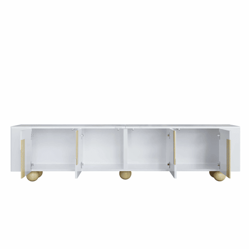 Móvel de TV 180 cm - 4 portas, design elegante, superfície com efeito mármore, pés esféricos de madeira - Branco, Madeira Móvel de TV 180 cm - 4 portas, design elegante, superfície com efeito mármore, pés esféricos de madeira - Branco, Madeira
