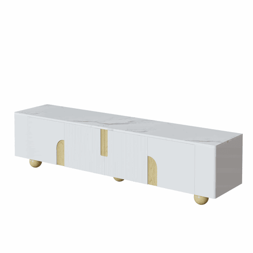 Móvel de TV 180 cm - 4 portas, design elegante, superfície com efeito mármore, pés esféricos de madeira - Branco, Madeira Móvel de TV 180 cm - 4 portas, design elegante, superfície com efeito mármore, pés esféricos de madeira - Branco, Madeira