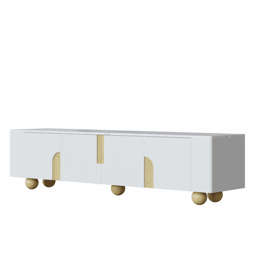 Móvel de TV 180 cm - 4 portas, design elegante, superfície com efeito mármore, pés esféricos de madeira - Branco, Madeira Móvel de TV 180 cm - 4 portas, design elegante, superfície com efeito mármore, pés esféricos de madeira - Branco, Madeira