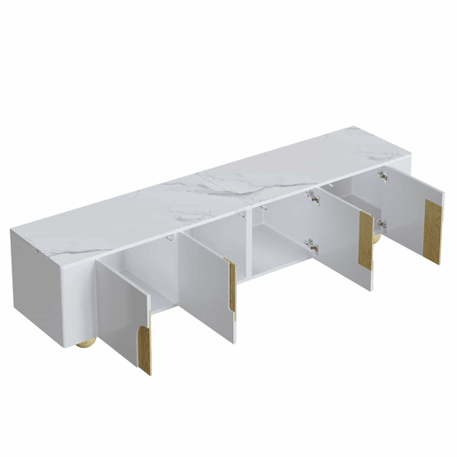 Móvel de TV 180 cm - 4 portas, design elegante, superfície com efeito mármore, pés esféricos de madeira - Branco, Madeira Móvel de TV 180 cm - 4 portas, design elegante, superfície com efeito mármore, pés esféricos de madeira - Branco, Madeira