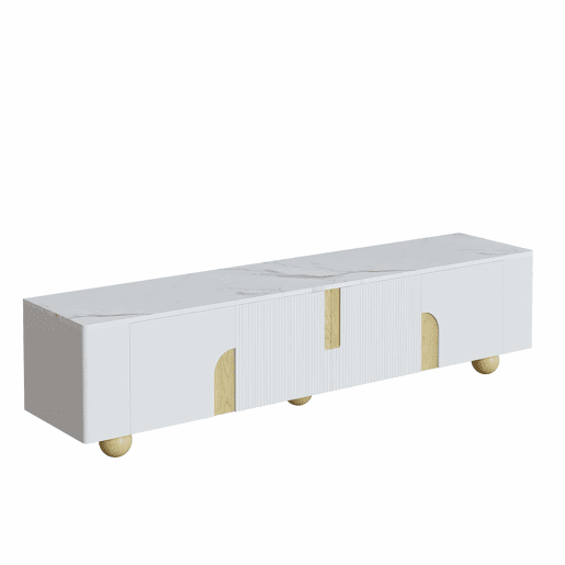 Móvel de TV 180 cm - 4 portas, design elegante, superfície com efeito mármore, pés esféricos de madeira - Branco, Madeira Móvel de TV 180 cm - 4 portas, design elegante, superfície com efeito mármore, pés esféricos de madeira - Branco, Madeira