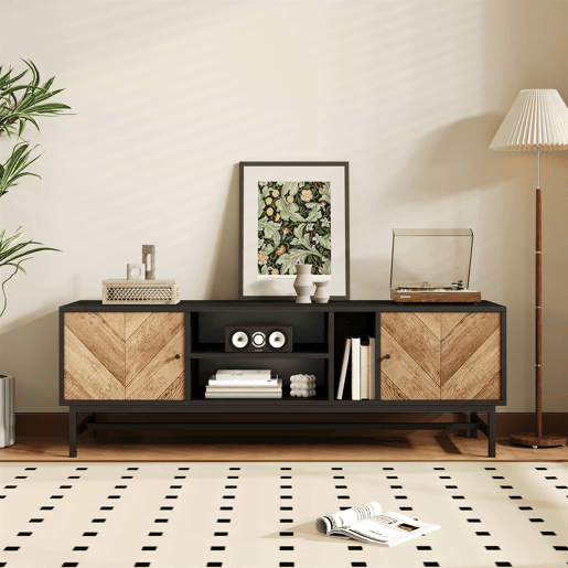 Mesa de TV 150x38x55cm - com prateleiras e 2 portas - Natural + Preto Mesa de TV 150x38x55cm - com prateleiras e 2 portas - Natural + Preto