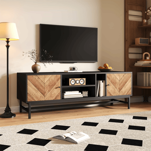 Mesa de TV 150x38x55cm - com prateleiras e 2 portas - Natural + Preto Mesa de TV 150x38x55cm - com prateleiras e 2 portas - Natural + Preto