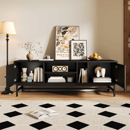 Mesa de TV 150x38x55cm - com prateleiras e 2 portas - Natural + Preto Mesa de TV 150x38x55cm - com prateleiras e 2 portas - Natural + Preto