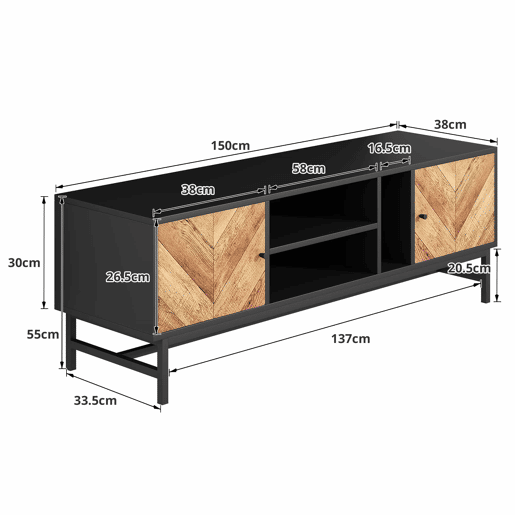 Mesa de TV 150x38x55cm - com prateleiras e 2 portas - Natural + Preto Mesa de TV 150x38x55cm - com prateleiras e 2 portas - Natural + Preto