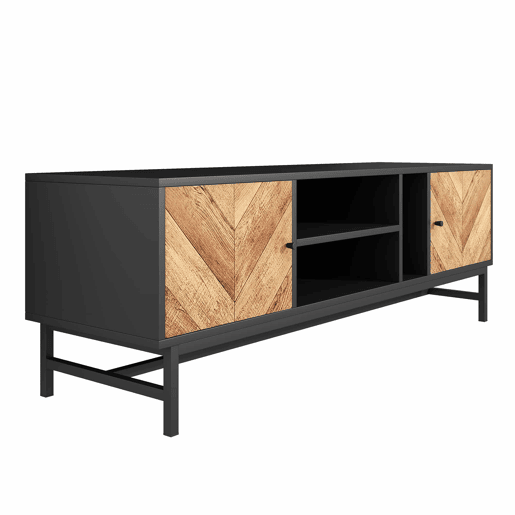 Mesa de TV 150x38x55cm - com prateleiras e 2 portas - Natural + Preto Mesa de TV 150x38x55cm - com prateleiras e 2 portas - Natural + Preto