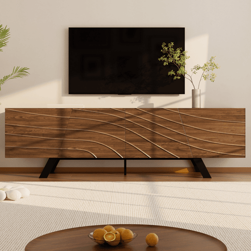 Móvel de TV 160x39x50,5 cm - Lowboard com frente ondulada, grande capacidade de armazenamento, pés de ferro - Nogueira Móvel de TV 160x39x50,5 cm - Lowboard com frente ondulada, grande capacidade de armazenamento, pés de ferro - Nogueira