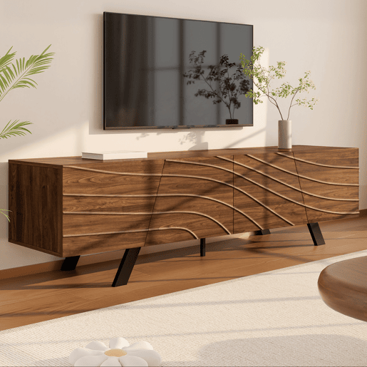 Móvel de TV 160x39x50,5 cm - Lowboard com frente ondulada, grande capacidade de armazenamento, pés de ferro - Nogueira Móvel de TV 160x39x50,5 cm - Lowboard com frente ondulada, grande capacidade de armazenamento, pés de ferro - Nogueira