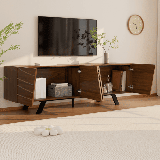 Móvel de TV 160x39x50,5 cm - Lowboard com frente ondulada, grande capacidade de armazenamento, pés de ferro - Nogueira Móvel de TV 160x39x50,5 cm - Lowboard com frente ondulada, grande capacidade de armazenamento, pés de ferro - Nogueira