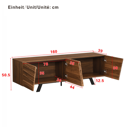 Móvel de TV 160x39x50,5 cm - Lowboard com frente ondulada, grande capacidade de armazenamento, pés de ferro - Nogueira Móvel de TV 160x39x50,5 cm - Lowboard com frente ondulada, grande capacidade de armazenamento, pés de ferro - Nogueira