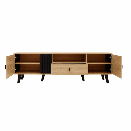 Móvel de TV 170 cm - Estilo elegante, Lowboard com gavetas, design em madeira natural e preto Móvel de TV 170 cm - Estilo elegante, Lowboard com gavetas, design em madeira natural e preto
