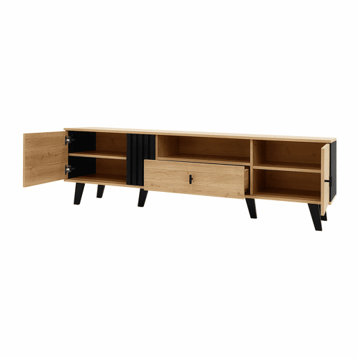 Móvel de TV 170 cm - Estilo elegante, Lowboard com gavetas, design em madeira natural e preto Móvel de TV 170 cm - Estilo elegante, Lowboard com gavetas, design em madeira natural e preto