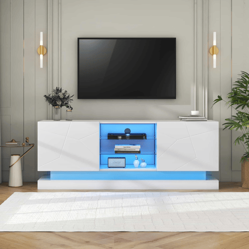 Móvel de TV moderno com LED colorido - adequado para TV de 70u201D - 2 portas e 3 prateleiras - Branco Móvel de TV moderno com LED colorido - adequado para TV de 70u201D - 2 portas e 3 prateleiras - Branco