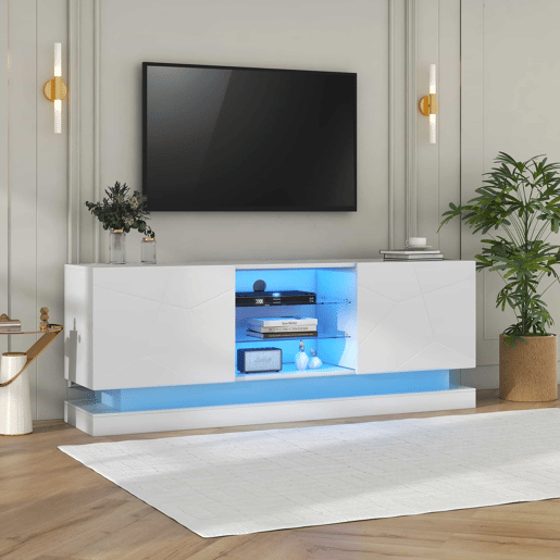 Móvel de TV moderno com LED colorido - adequado para TV de 70u201D - 2 portas e 3 prateleiras - Branco Móvel de TV moderno com LED colorido - adequado para TV de 70u201D - 2 portas e 3 prateleiras - Branco