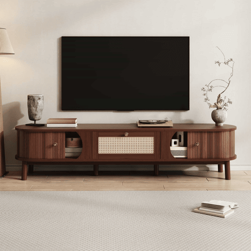Móvel para TV u2013 Móvel para televisão com portas em madeira natural e gavetas em rattan - Natural Móvel para TV u2013 Móvel para televisão com portas em madeira natural e gavetas em rattan - Natural