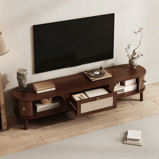 Móvel para TV u2013 Móvel para televisão com portas em madeira natural e gavetas em rattan - Natural Móvel para TV u2013 Móvel para televisão com portas em madeira natural e gavetas em rattan - Natural