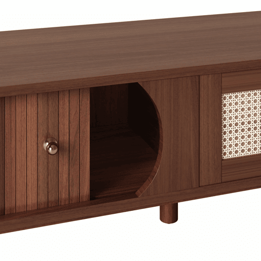 Móvel para TV u2013 Móvel para televisão com portas em madeira natural e gavetas em rattan - Natural Móvel para TV u2013 Móvel para televisão com portas em madeira natural e gavetas em rattan - Natural