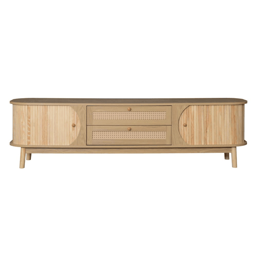 Móvel de TV u2013 Estilo rústico natural com portas e gavetas, com laterais em rattan - Cor natural Móvel de TV u2013 Estilo rústico natural com portas e gavetas, com laterais em rattan - Cor natural