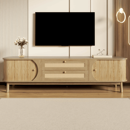 Móvel de TV u2013 Estilo rústico natural com portas e gavetas, com laterais em rattan - Cor natural Móvel de TV u2013 Estilo rústico natural com portas e gavetas, com laterais em rattan - Cor natural