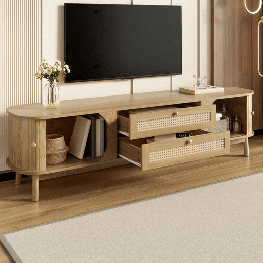 Móvel de TV u2013 Estilo rústico natural com portas e gavetas, com laterais em rattan - Cor natural Móvel de TV u2013 Estilo rústico natural com portas e gavetas, com laterais em rattan - Cor natural