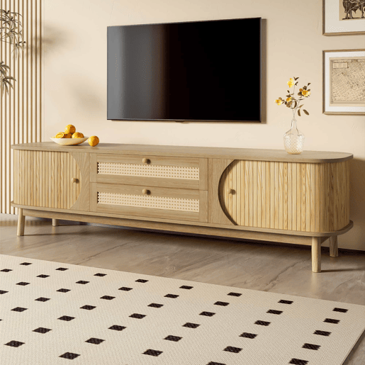 Móvel de TV u2013 Estilo rústico natural com portas e gavetas, com laterais em rattan - Cor natural Móvel de TV u2013 Estilo rústico natural com portas e gavetas, com laterais em rattan - Cor natural