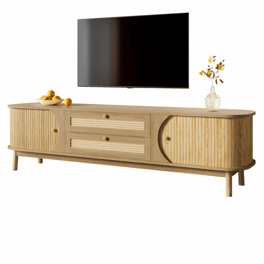 Móvel de TV u2013 Estilo rústico natural com portas e gavetas, com laterais em rattan - Cor natural Móvel de TV u2013 Estilo rústico natural com portas e gavetas, com laterais em rattan - Cor natural