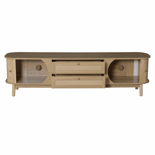 Móvel de TV u2013 Estilo rústico natural com portas e gavetas, com laterais em rattan - Cor natural Móvel de TV u2013 Estilo rústico natural com portas e gavetas, com laterais em rattan - Cor natural