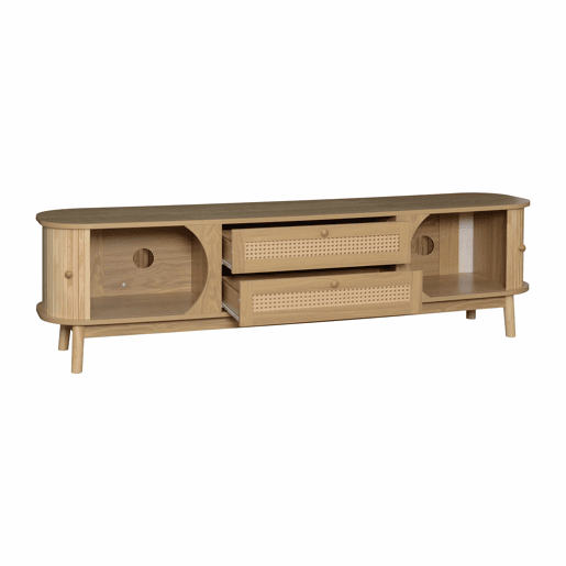 Móvel de TV u2013 Estilo rústico natural com portas e gavetas, com laterais em rattan - Cor natural Móvel de TV u2013 Estilo rústico natural com portas e gavetas, com laterais em rattan - Cor natural