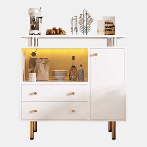 Aparador 80 x 35 x 80 cm - LED, portas de correr em vidro, gavetas e pés metálicos - Branco