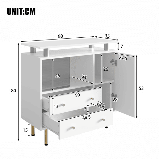 Aparador 80 x 35 x 80 cm - LED, portas de correr em vidro, gavetas e pés metálicos - Branco Aparador 80 x 35 x 80 cm - LED, portas de correr em vidro, gavetas e pés metálicos - Branco