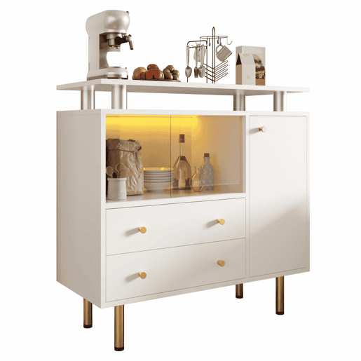 Aparador 80 x 35 x 80 cm - LED, portas de correr em vidro, gavetas e pés metálicos - Branco Aparador 80 x 35 x 80 cm - LED, portas de correr em vidro, gavetas e pés metálicos - Branco
