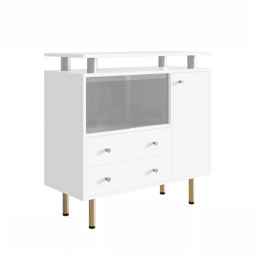 Aparador 80 x 35 x 80 cm - LED, portas de correr em vidro, gavetas e pés metálicos - Branco Aparador 80 x 35 x 80 cm - LED, portas de correr em vidro, gavetas e pés metálicos - Branco