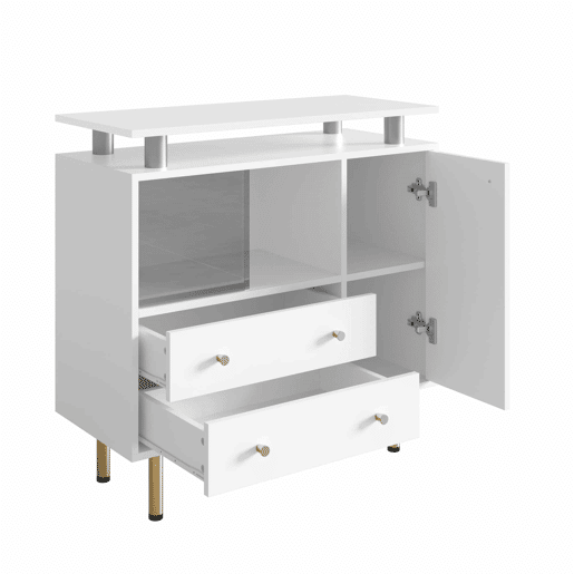 Aparador 80 x 35 x 80 cm - LED, portas de correr em vidro, gavetas e pés metálicos - Branco Aparador 80 x 35 x 80 cm - LED, portas de correr em vidro, gavetas e pés metálicos - Branco