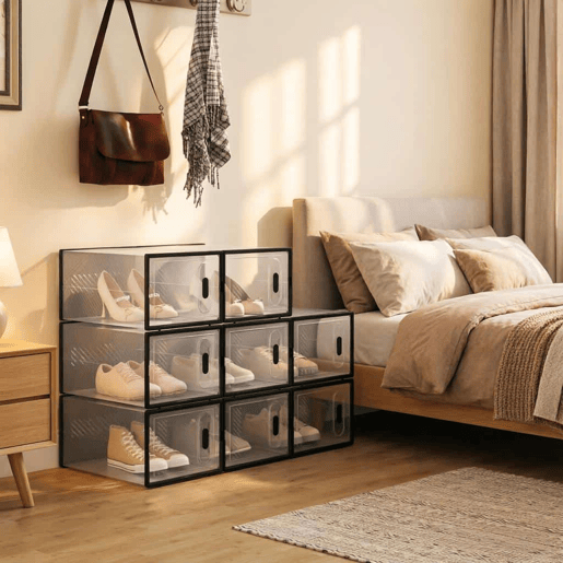 Organizador Modular de Sapatos de 8 Peças - Empilhável, Organizador Multifuncional para Sapatos, Livros, Brinquedos e Roupeiro - Preto Transparente Organizador Modular de Sapatos de 8 Peças - Empilhável, Organizador Multifuncional para Sapatos, Livros, Brinquedos e Roupeiro - Preto Transparente