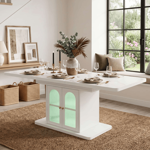 Mesa de jantar extensível 150200 x 80 cm u2014 com espaço de arrumação, tampo espesso, iluminação LED, estilo escandinavo u2014 Branco + Mármore Mesa de jantar extensível 150200 x 80 cm u2014 com espaço de arrumação, tampo espesso, iluminação LED, estilo escandinavo u2014 Branco + Mármore