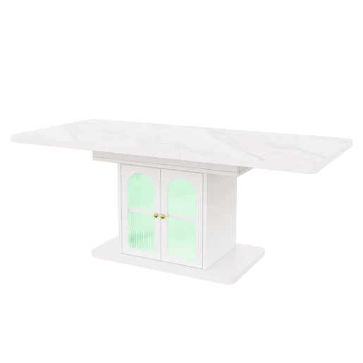 Mesa de jantar extensível 150200 x 80 cm u2014 com espaço de arrumação, tampo espesso, iluminação LED, estilo escandinavo u2014 Branco + Mármore Mesa de jantar extensível 150200 x 80 cm u2014 com espaço de arrumação, tampo espesso, iluminação LED, estilo escandinavo u2014 Branco + Mármore