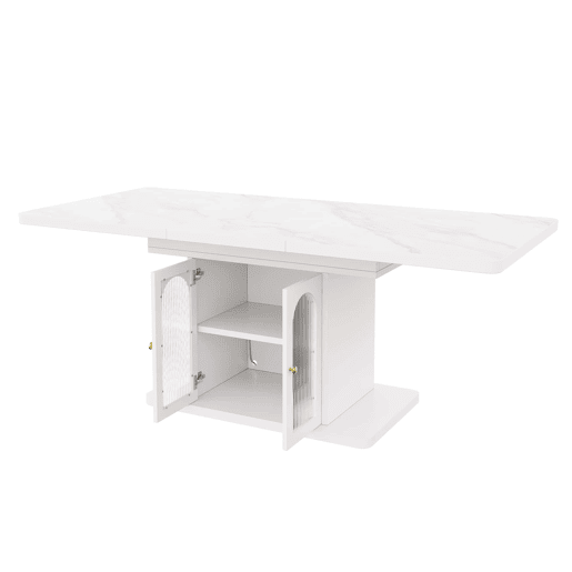 Mesa de jantar extensível 150200 x 80 cm u2014 com espaço de arrumação, tampo espesso, iluminação LED, estilo escandinavo u2014 Branco + Mármore Mesa de jantar extensível 150200 x 80 cm u2014 com espaço de arrumação, tampo espesso, iluminação LED, estilo escandinavo u2014 Branco + Mármore