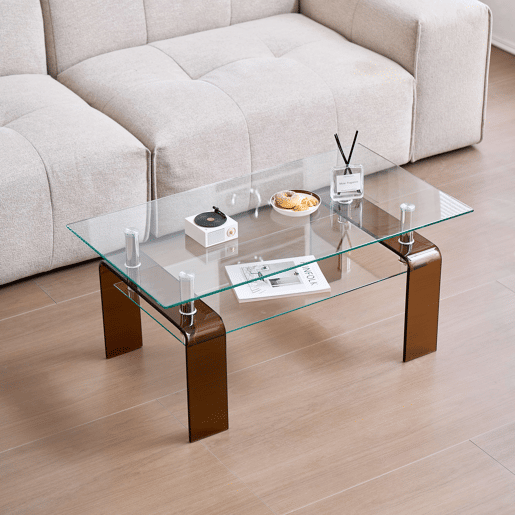 Mesa de centro de vidro 100 x 55 x 45 cm - vidro temperado com pés de vidro castanho - transparente Mesa de centro de vidro 100 x 55 x 45 cm - vidro temperado com pés de vidro castanho - transparente