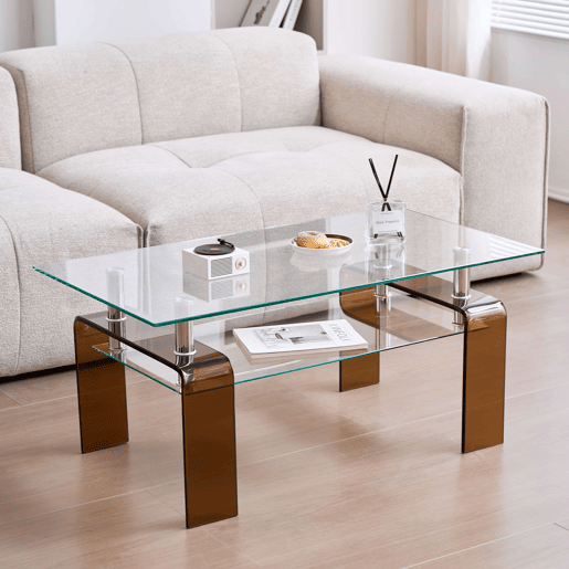Mesa de centro de vidro 100 x 55 x 45 cm - vidro temperado com pés de vidro castanho - transparente Mesa de centro de vidro 100 x 55 x 45 cm - vidro temperado com pés de vidro castanho - transparente