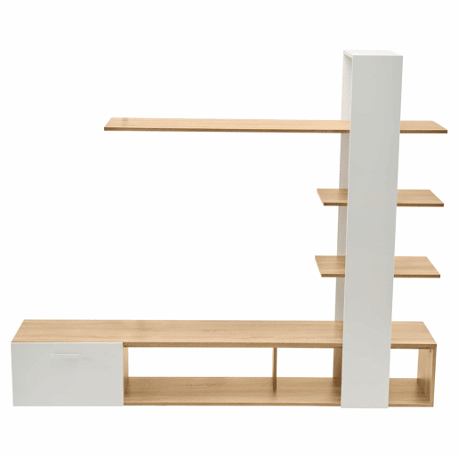 Armário para televisão com arrumação - 3 compartimentos e 3 prateleiras - Branco e Natural