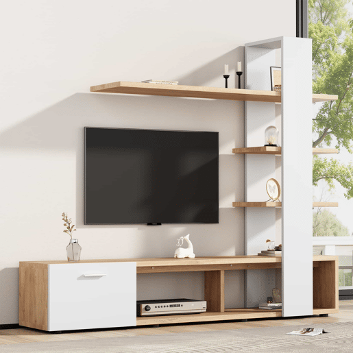Armário para televisão com arrumação - 3 compartimentos e 3 prateleiras - Branco e Natural