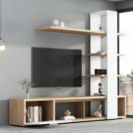 Armário para televisão com arrumação - 3 compartimentos e 3 prateleiras - Branco e Natural