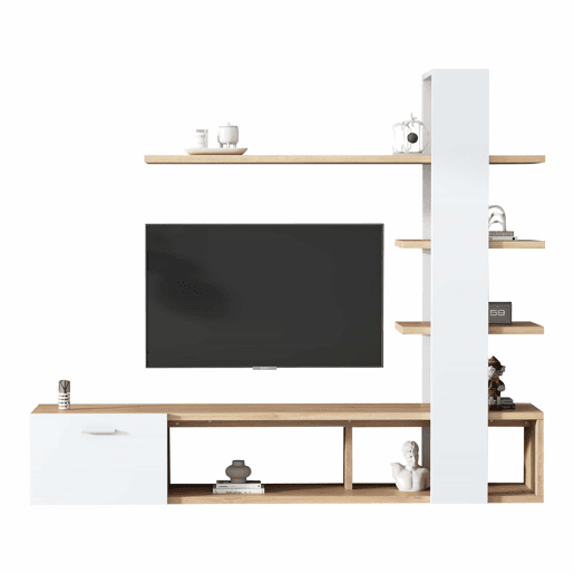 Armário para televisão com arrumação - 3 compartimentos e 3 prateleiras - Branco e Natural